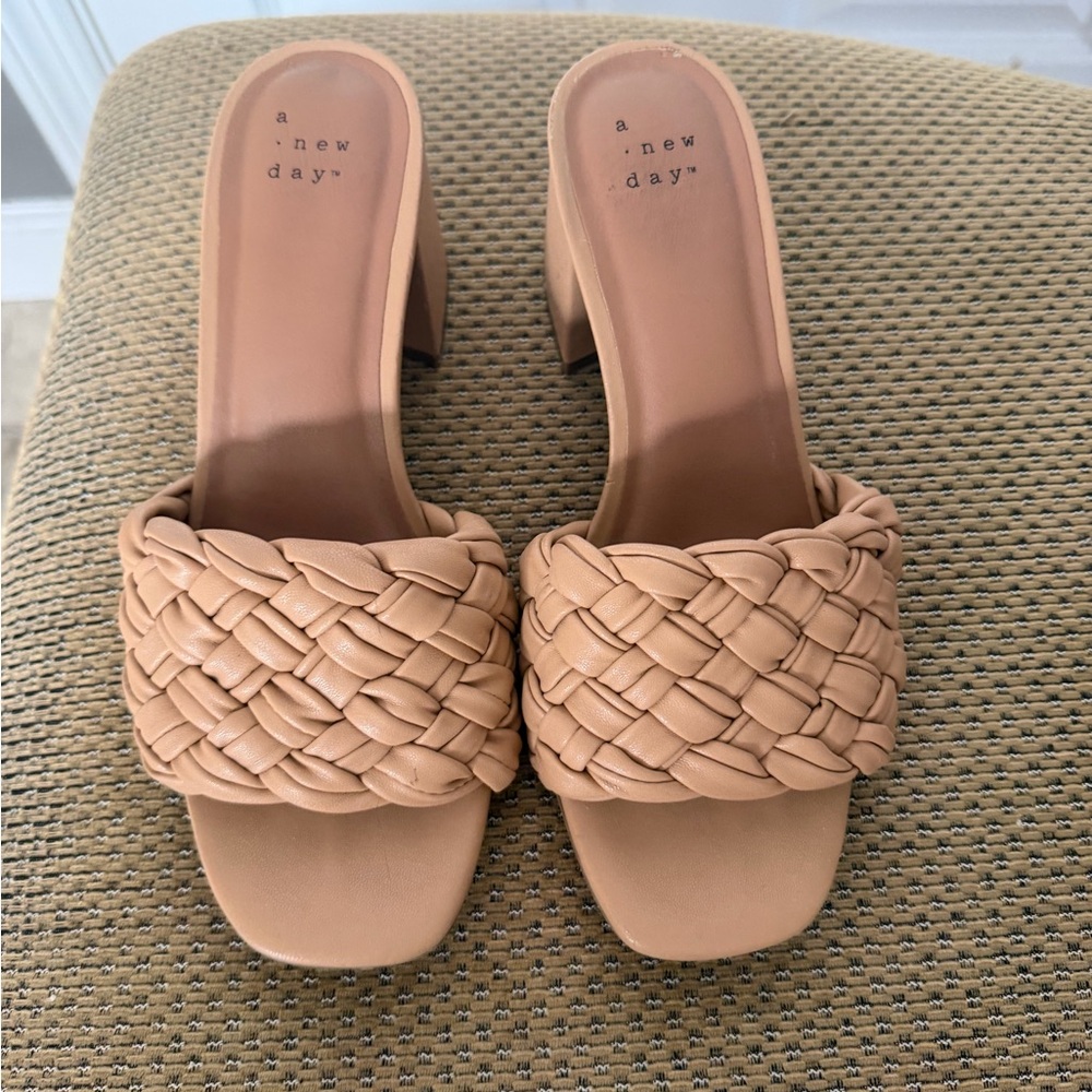 A New Day Women's Beige Braided Heeled Mules, Neutral, Minimalist, Braided